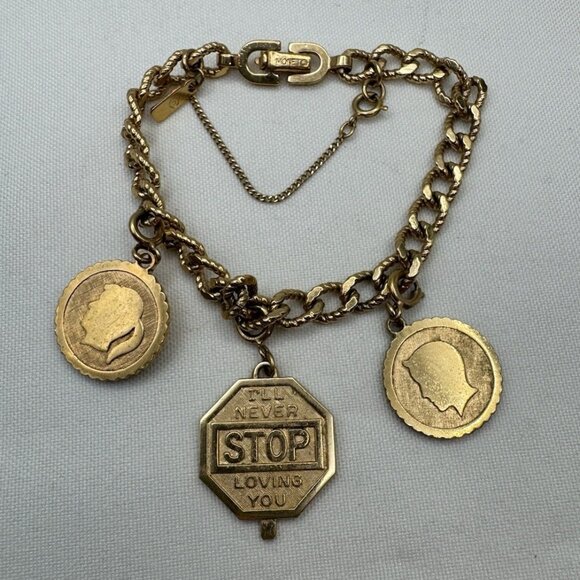 MONET Signed Vintage Charm Bracelet Gold Tone Medallions Love Message Jewelry - Picture 1 of 6